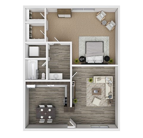 Floor plan for 1 bed, 1 bath, 667 sqft